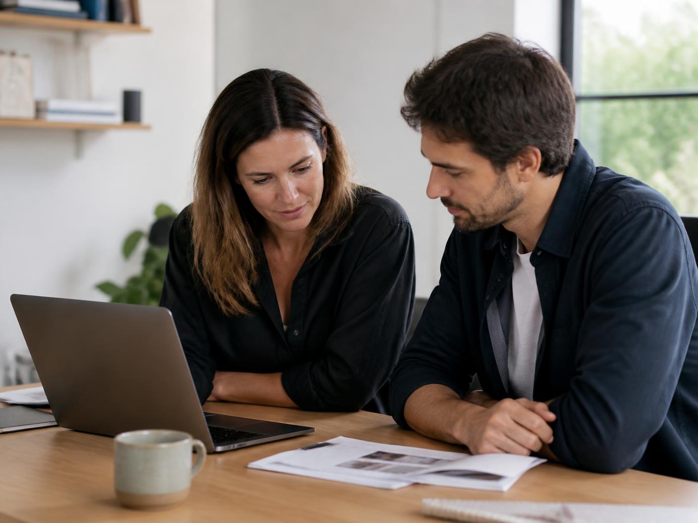 A small-business owner and a colleague reviewing information together on a laptop and printed pages